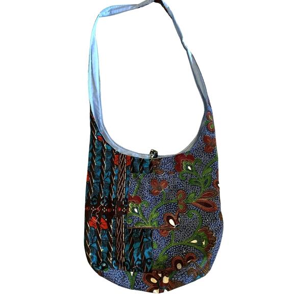 Handmade Boho Festival Hobo Tote Bag Blue Printed Long Strap External Pocket Y2K - Picture 1 of 11